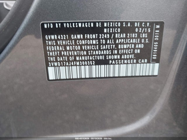 45152626 :رقم المزاد ، 3VWD17AJ4FM300352 vin ، 2015 Volkswagen Jetta 1.8t Se مزاد بيع