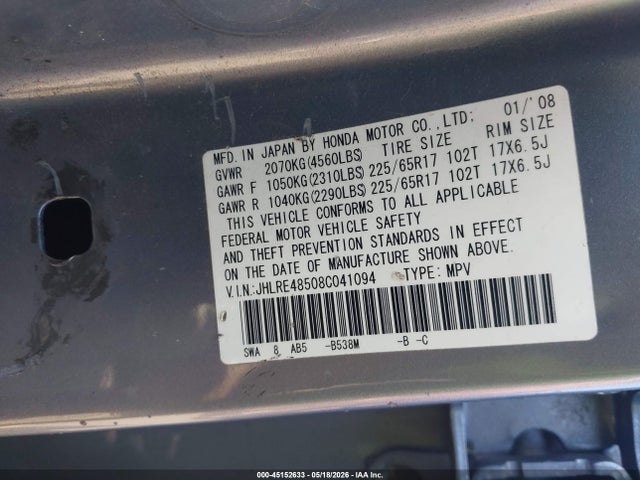 45152633 :رقم المزاد ، JHLRE48508C041094 vin ، 2008 Honda Cr-v Ex مزاد بيع