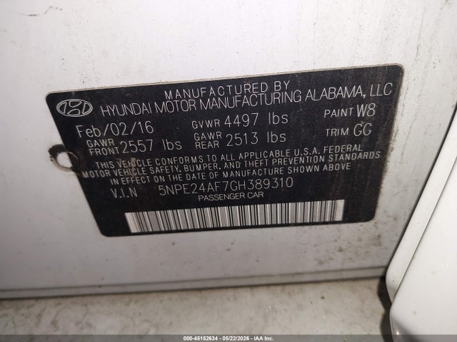 Продажа на аукционе авто 2016 Hyundai Sonata Se, vin: 5NPE24AF7GH389310, номер лота: 45152634