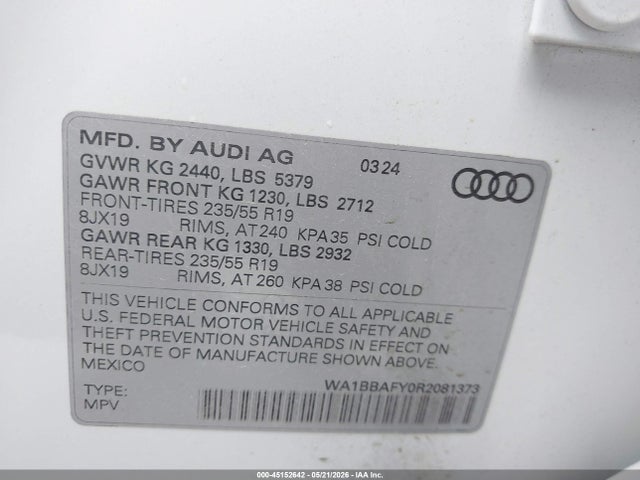 45152642 :رقم المزاد ، WA1BBAFY0R2081373 vin ، 2024 Audi Q5 Premium Plus 40 Tfsi Quattro S Tronic مزاد بيع