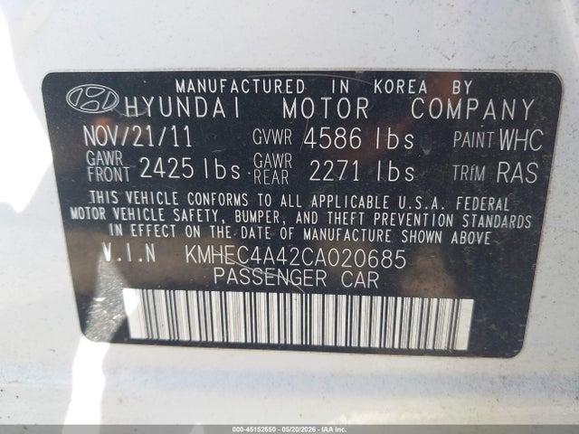 45152650 :رقم المزاد ، KMHEC4A42CA020685 vin ، 2012 Hyundai Sonata Hybrid مزاد بيع