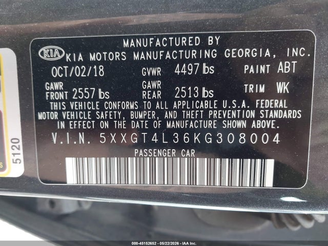 Продажа на аукционе авто 2019 Kia Optima Lx, vin: 5XXGT4L36KG308004, номер лота: 45152652