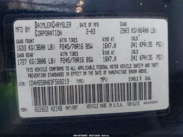 Продажа на аукционе авто 2003 Dodge Durango Slt Plus, vin: 1D4HS58N83F568219, номер лота: 45152655