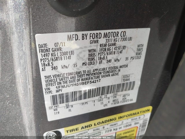 Auction sale of the 2011 Ford Expedition Xlt, vin: 1FMJU1H59BEF54217, lot number: 45152664