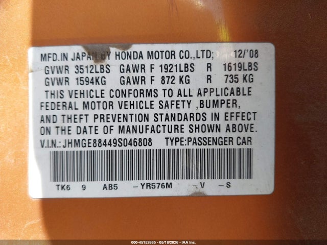 Aukcja sprzedaży 2009 Honda Fit Sport, vin: JHMGE88449S046808, numer aukcji: 45152665