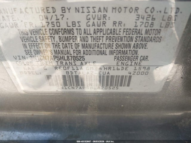 Aukcja sprzedaży 2017 Nissan Versa 1.6 S+, vin: 3N1CN7AP5HL870525, numer aukcji: 45152667
