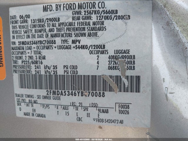 Aukcja sprzedaży 2000 Ford Windstar Limited/sel, vin: 2FMDA5346YBC70088, numer aukcji: 45152668