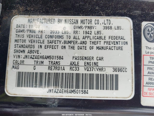 45152678 :رقم المزاد ، JN1AZ4EH6AM501584 vin ، 2010 Nissan 370z Touring مزاد بيع