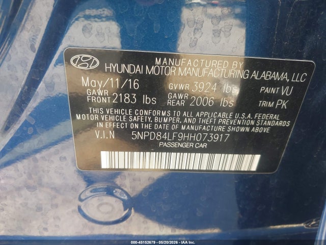 5NPD84LF9HH073917 Hyundai ELANTRA SE