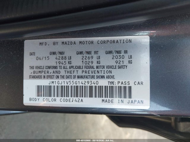 Aukcja sprzedaży 2016 Mazda Mazda6 I Touring, vin: JM1GJ1V55G1429340, numer aukcji: 45152680