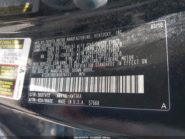 2010 Toyota Venza Base V6 მანქანა იყიდება აუქციონზე, vin: 4T3ZK3BBXAU026751, აუქციონის ნომერი: 45152710