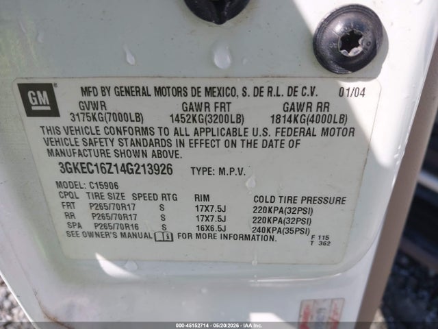 Aukcja sprzedaży 2004 Gmc Yukon Xl 1500 Slt, vin: 3GKEC16Z14G213926, numer aukcji: 45152714