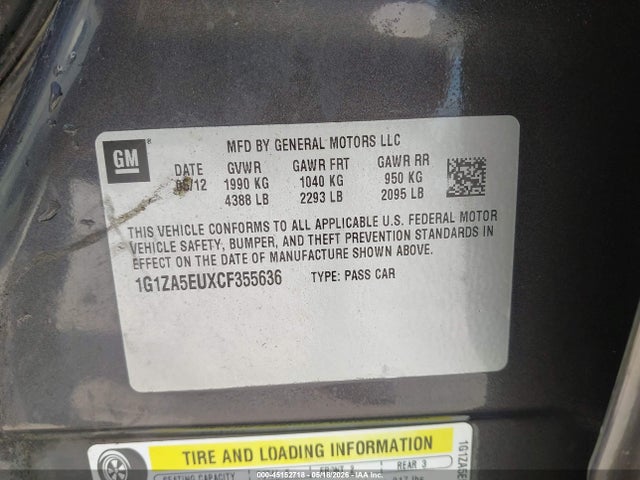 45152718 :رقم المزاد ، 1G1ZA5EUXCF355636 vin ، 2012 Chevrolet Malibu Ls مزاد بيع