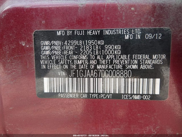 45152721 :رقم المزاد ، JF1GJAA67DG008880 vin ، 2013 Subaru Impreza 2.0i مزاد بيع