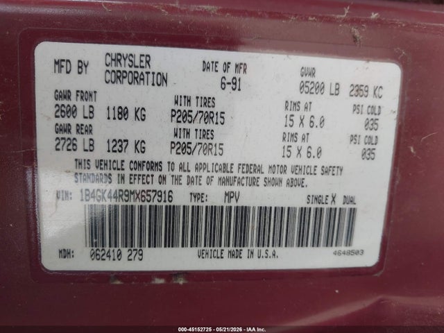 45152725 :رقم المزاد ، 1B4GK44R9MX657916 vin ، 1991 Dodge Grand Caravan Se مزاد بيع