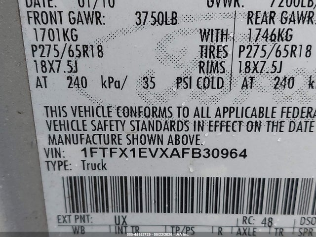 Aukcja sprzedaży 2010 Ford F-150 Fx4/lariat/xl/xlt, vin: 1FTFX1EVXAFB30964, numer aukcji: 45152729