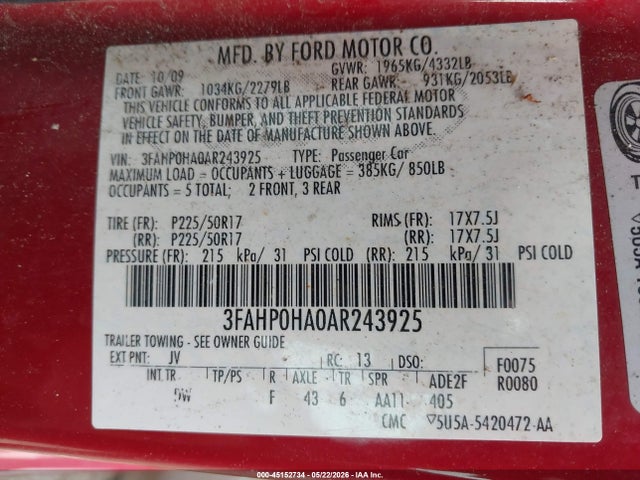 45152734 :رقم المزاد ، 3FAHP0HA0AR243925 vin ، 2010 Ford Fusion Se مزاد بيع