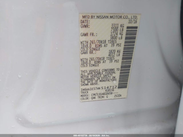 45152739 :رقم المزاد ، 1N6AA1E57HN514712 vin ، 2017 Nissan Titan Sv مزاد بيع