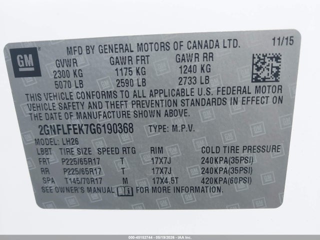 Aukcja sprzedaży 2016 Chevrolet Equinox Lt, vin: 2GNFLFEK7G6190368, numer aukcji: 45152744