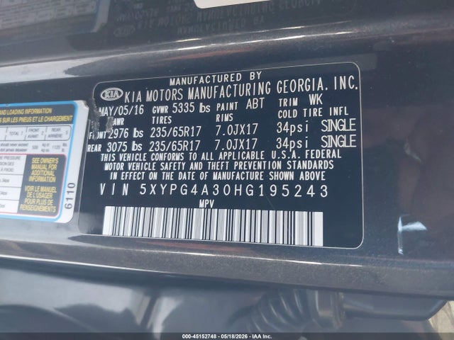 Продажа на аукционе авто 2017 Kia Sorento 2.4l Lx, vin: 5XYPG4A30HG195243, номер лота: 45152748