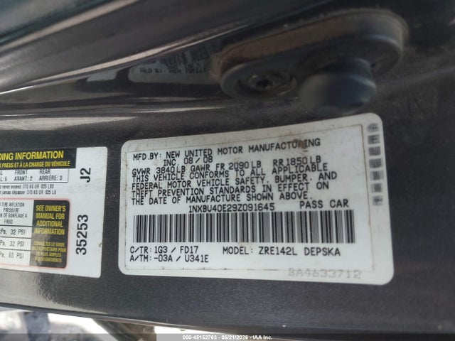 45152763 :رقم المزاد ، 1NXBU40E29Z091645 vin ، 2009 Toyota Corolla S مزاد بيع