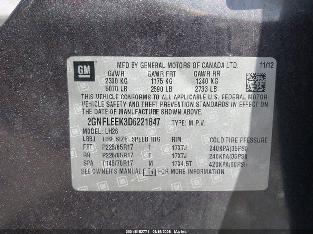 Aukcja sprzedaży 2013 Chevrolet Equinox 1lt, vin: 2GNFLEEK3D6221847, numer aukcji: 45152771
