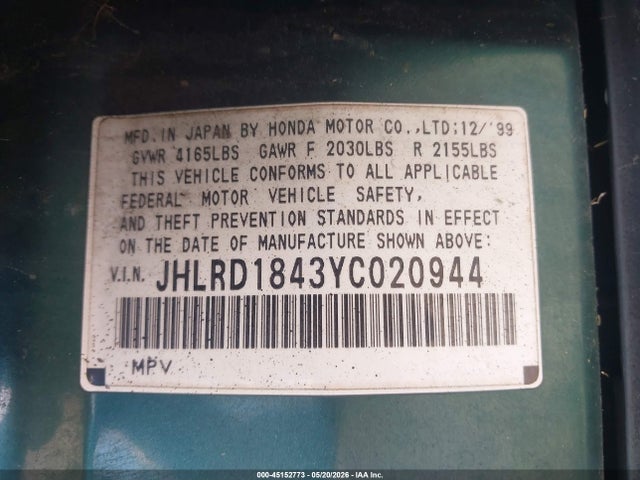Aukcja sprzedaży 2000 Honda Cr-v Lx, vin: JHLRD1843YC020944, numer aukcji: 45152773