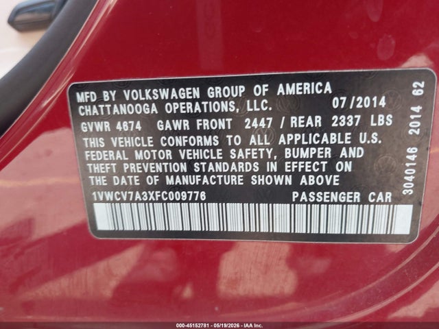 45152781 :رقم المزاد ، 1VWCV7A3XFC009776 vin ، 2015 Volkswagen Passat 2.0l Tdi Sel Premium مزاد بيع