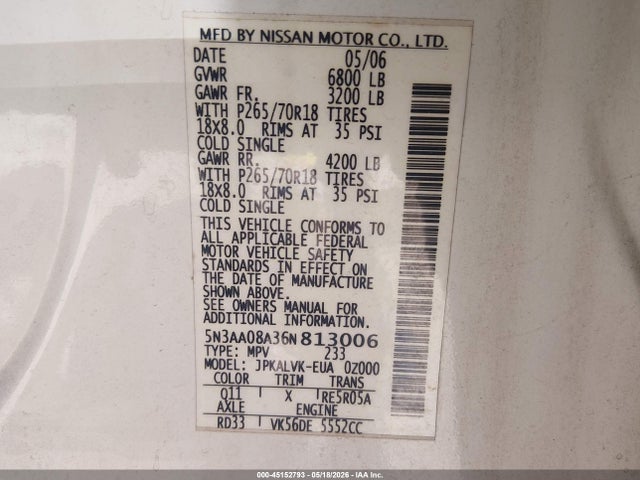 Продажа на аукционе авто 2006 Infiniti Qx56, vin: 5N3AA08A36N813006, номер лота: 45152793