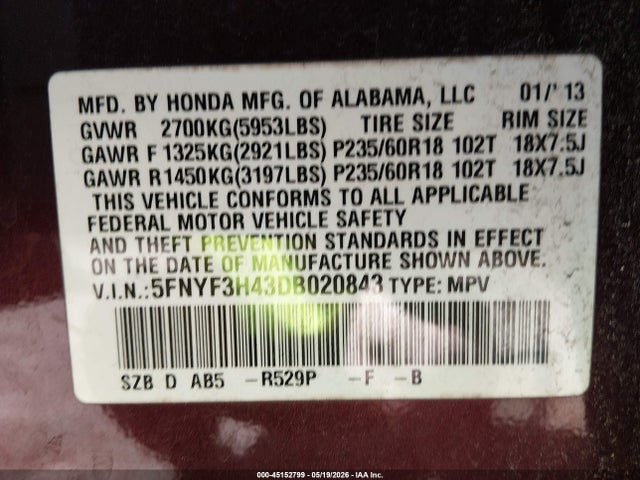 2013 Honda Pilot Ex მანქანა იყიდება აუქციონზე, vin: 5FNYF3H43DB020843, აუქციონის ნომერი: 45152799