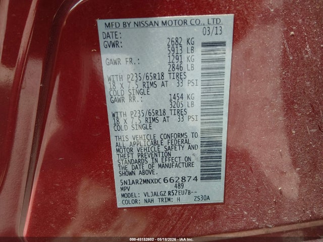 45152802 :رقم المزاد ، 5N1AR2MNXDC662874 vin ، 2013 Nissan Pathfinder Sl مزاد بيع