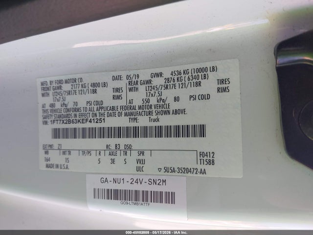 Продаж на аукціоні авто 2019 Ford F-250 Xl, vin: 1FT7X2B63KEF41251, номер лоту: 45152805