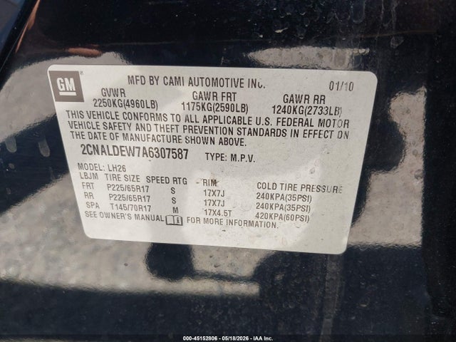 2010 Chevrolet Equinox Lt მანქანა იყიდება აუქციონზე, vin: 2CNALDEW7A6307587, აუქციონის ნომერი: 45152806