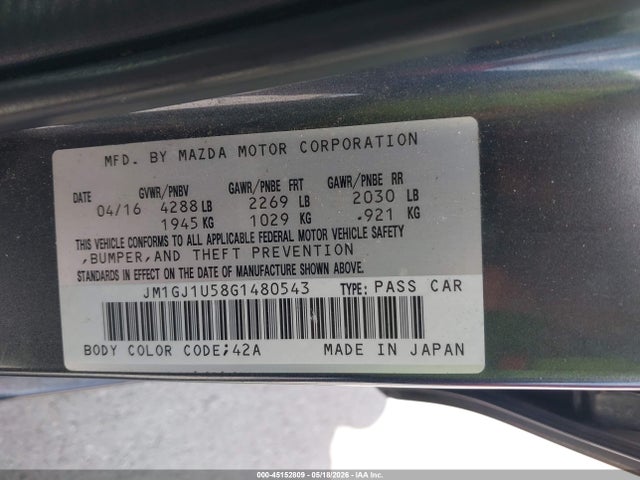 2016 Mazda Mazda6 მანქანა იყიდება აუქციონზე, vin: JM1GJ1U58G1480543, აუქციონის ნომერი: 45152809