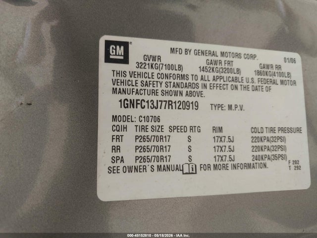 Продажа на аукционе авто 2007 Chevrolet Tahoe Ls, vin: 1GNFC13J77R120919, номер лота: 45152810