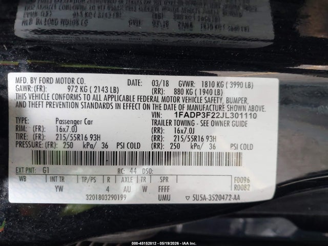 2018 Ford Focus Se მანქანა იყიდება აუქციონზე, vin: 1FADP3F22JL301110, აუქციონის ნომერი: 45152812
