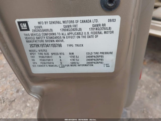 2004 Gmc Sierra 1500 Sle მანქანა იყიდება აუქციონზე, vin: 2GTEK19T341155798, აუქციონის ნომერი: 45152816