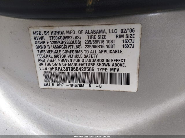 45152838 :رقم المزاد ، 5FNRL38796B422506 vin ، 2006 Honda Odyssey Ex-l مزاد بيع