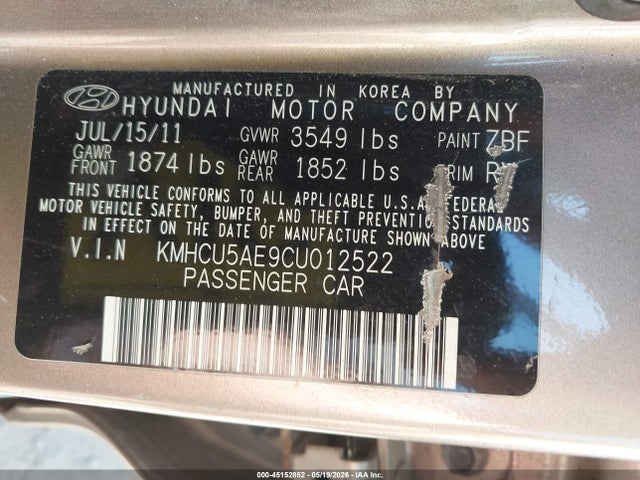 Продажа на аукционе авто 2012 Hyundai Accent Se, vin: KMHCU5AE9CU012522, номер лота: 45152852