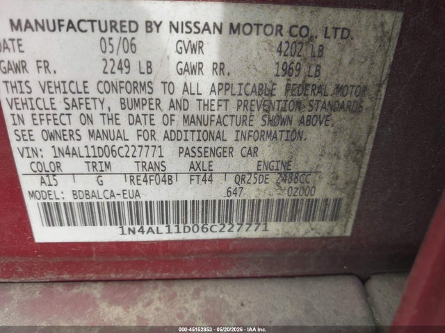 45152853 :رقم المزاد ، 1N4AL11D06C227771 vin ، 2006 Nissan Altima 2.5 S مزاد بيع