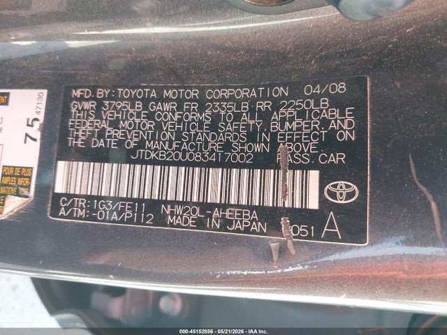 Продажа на аукционе авто 2008 Toyota Prius, vin: JTDKB20U083417002, номер лота: 45152856