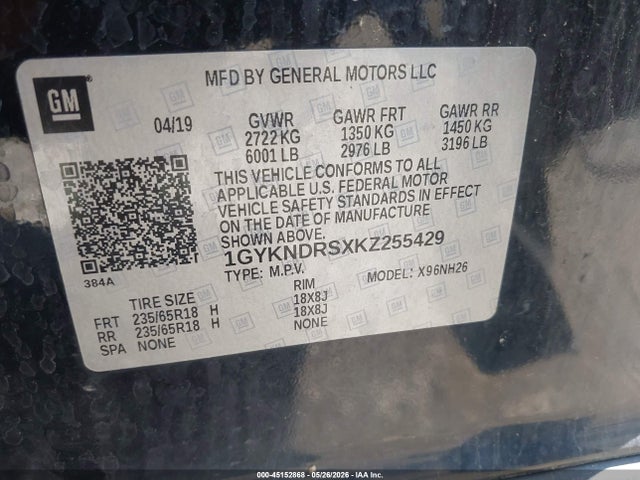 2019 Cadillac Xt5 Luxury მანქანა იყიდება აუქციონზე, vin: 1GYKNDRSXKZ255429, აუქციონის ნომერი: 45152868