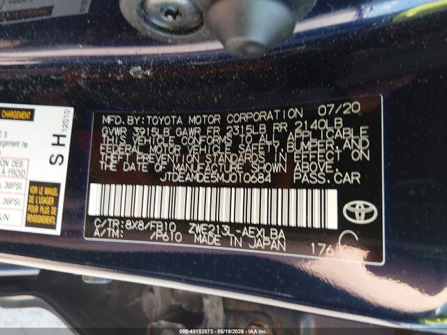 2021 Toyota Corolla Hybrid Le მანქანა იყიდება აუქციონზე, vin: JTDEAMDE5MJ010684, აუქციონის ნომერი: 45152873