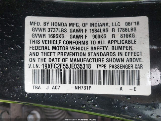 Honda Civic Lx 2018 19XFC2F55JE035318 Image 9