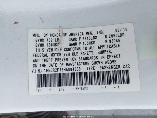 Продаж на аукціоні авто 2017 Honda Accord Ex, vin: 1HGCR2F78HA004839, номер лоту: 45152878