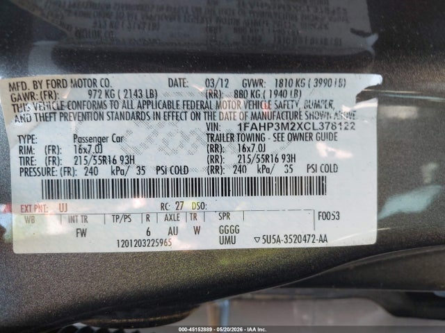 45152889 :رقم المزاد ، 1FAHP3M2XCL378122 vin ، 2012 Ford Focus Sel مزاد بيع