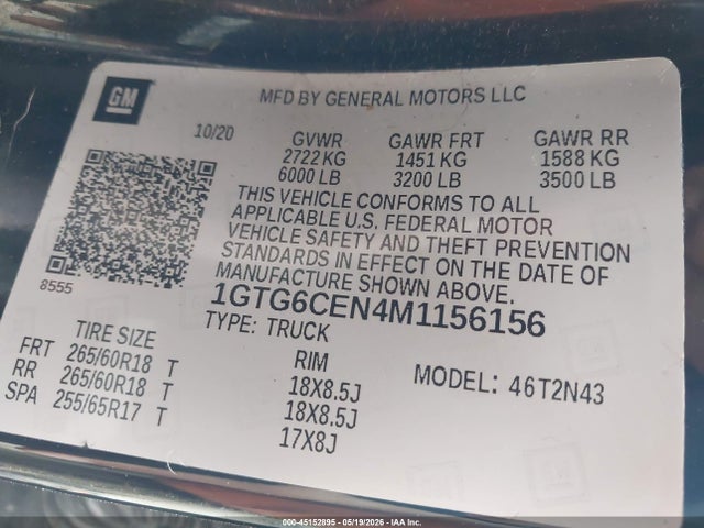 45152895 :رقم المزاد ، 1GTG6CEN4M1156156 vin ، 2021 Gmc Canyon 4wd  Short Box Elevation مزاد بيع
