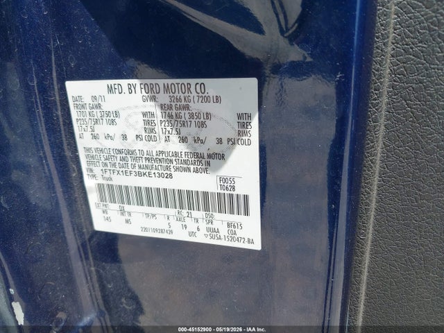 45152900 :رقم المزاد ، 1FTFX1EF3BKE13028 vin ، 2011 Ford F-150 Fx4/lariat/stx/xl/xlt مزاد بيع