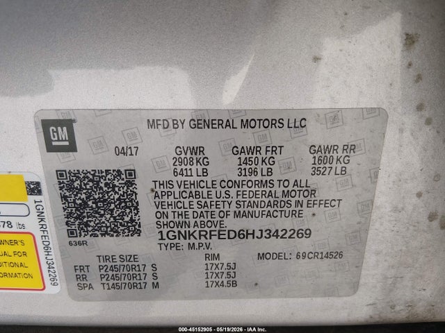 Продажа на аукционе авто 2017 Chevrolet Traverse Ls, vin: 1GNKRFED6HJ342269, номер лота: 45152905