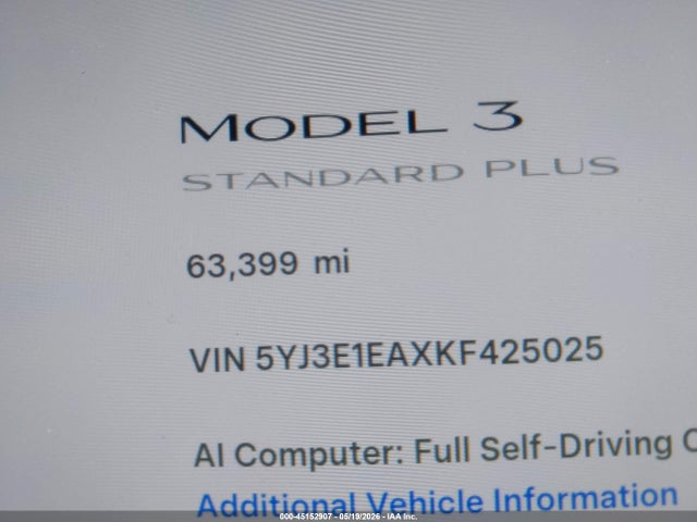 Aukcja sprzedaży 2019 Tesla Model 3 Long Range/mid Range/standard Range/standard Range Plus, vin: 5YJ3E1EAXKF425025, numer aukcji: 45152907